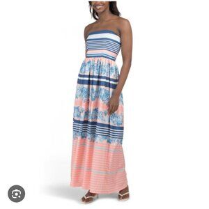 Dalia Macphee Strapless striped floral maxi dress size L